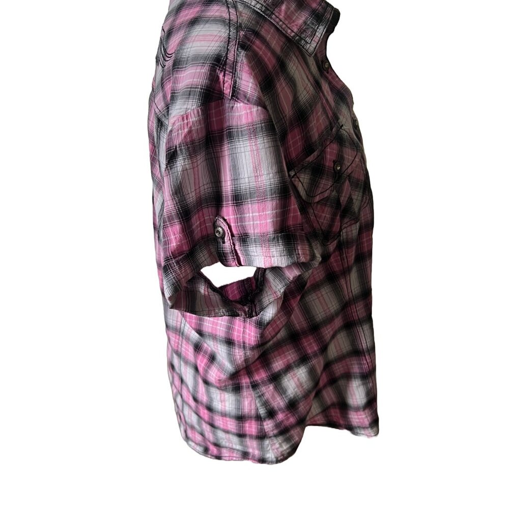 HARLEY DAVIDSON Women's Large Button Down Tab Sleeve Pink Plaid Shirt - Picture 7 of 9
